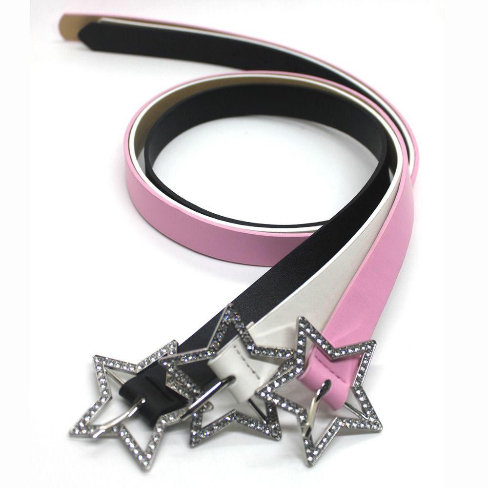 Y2K Leather Belt Rhinestone Pentagram Pin Buckle Thin Waist Strap  For Women Girls