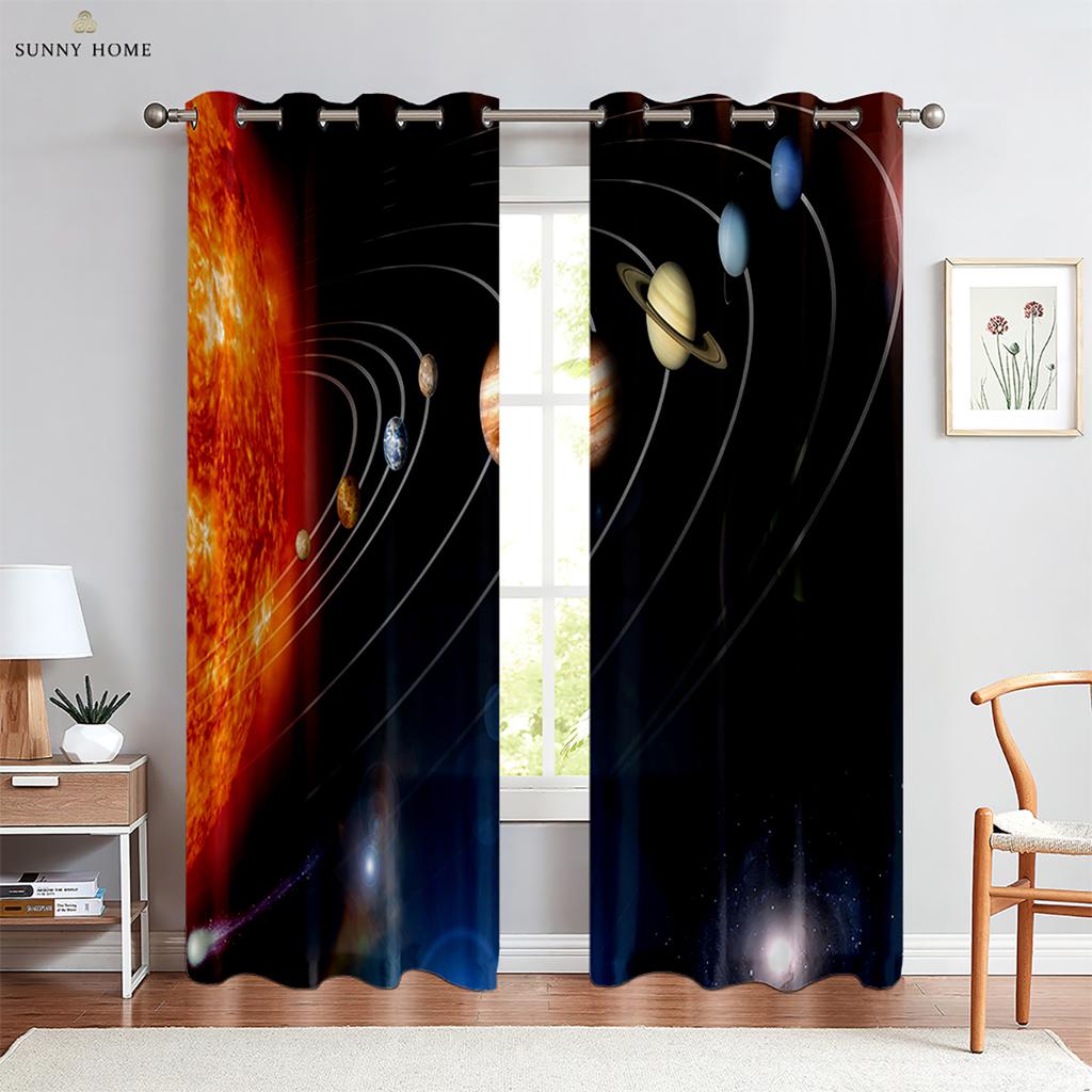 Cartoon Starry Sky Planet Curtains Children's Room Living Room Study Window Decoration Curtains Can Be Customized 2 Pieces