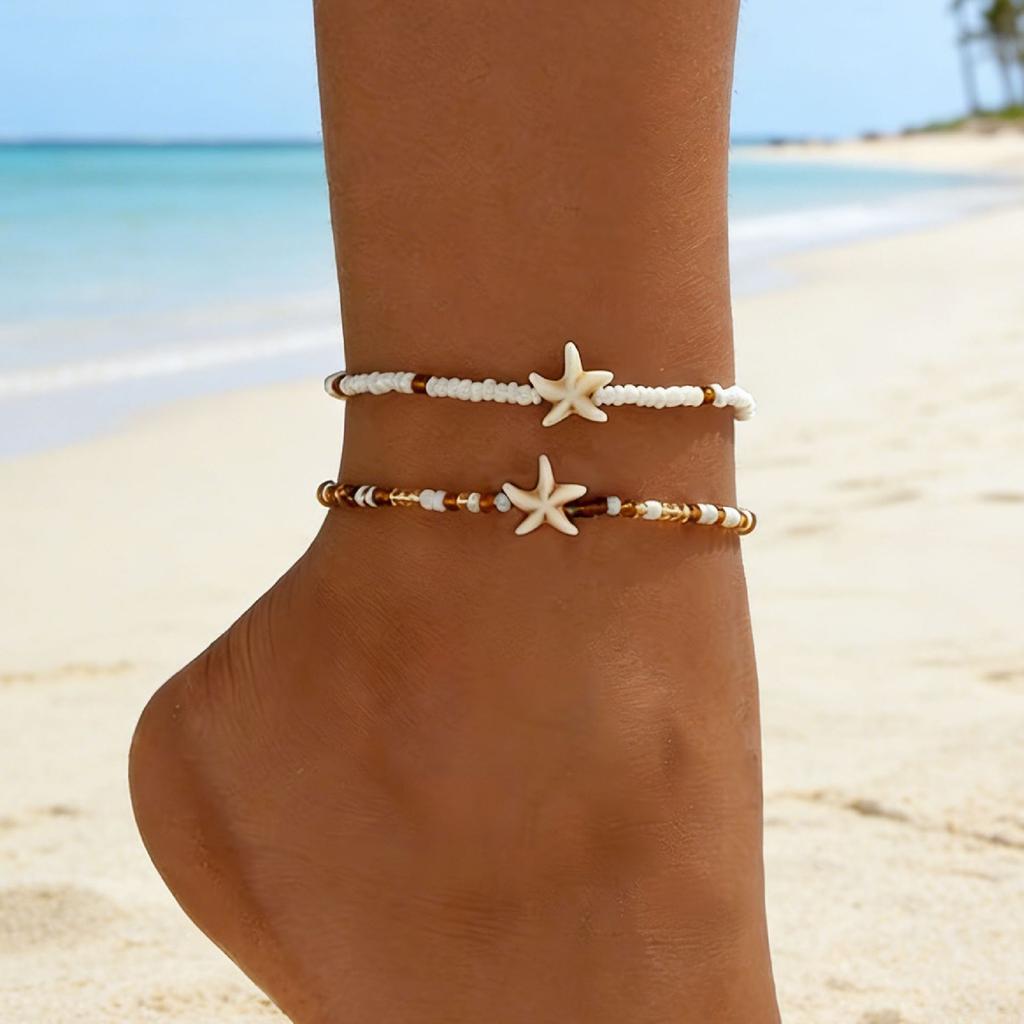 3pcs Shell Starfish Beaded Ankle Bracelet Ocean Style Women'S Anklets Bracelet Seashell White Round Bead Multi-Strand Anklet Set Glass Material