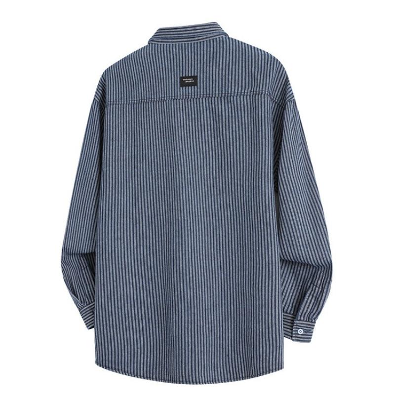 Minimalist Striped Men's Long-sleeved Shirt 2026 Autumn Denim Lapel Loose Men's Casual Jacket Jacket Men's Breathable Work Casual Jacket