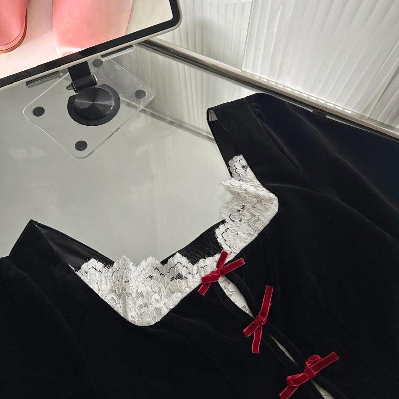 Spring and Autumn New Women's Long Sleeve Square Collar Vintage Bow Lace Black and White Stitching Dress