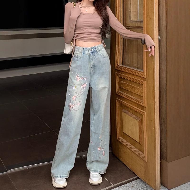 

2024 European Style Floral Embroidered High Waist Wide Leg Jeans M