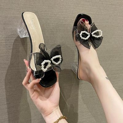 Damen High Heel Hausschuhe Schmetterlingsknoten Perlen Mules Hausschuhe Transparente PVC High Heel Hausschuhe für Damen Quadratische Zehen High Heels