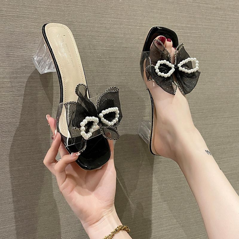 Ciabatte da Donna con Tacco Alto Ciabatte Mules con Fiocco a Farfalla e Perle Ciabatte Trasparenti in PVC con Tacco Alto per Donna Tacchi Alti a Punta Quadrata