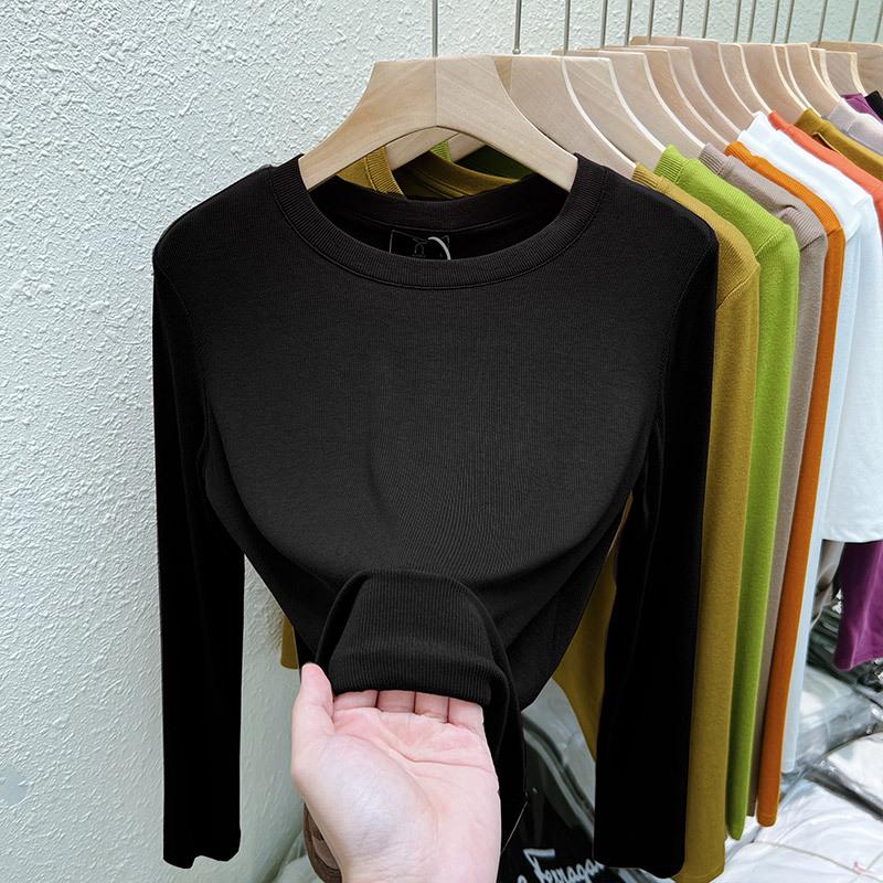 Damen 2025 Geripptes Langarm Rundhals Modisches Basisschicht T-Shirt für Frühling und Herbst