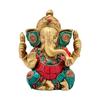 100% Czysty Mosiądz Rzeźba Ganesha z Kamieniami Szlachetnymi, Idol Ganpati Bappa Ji - 16 cm