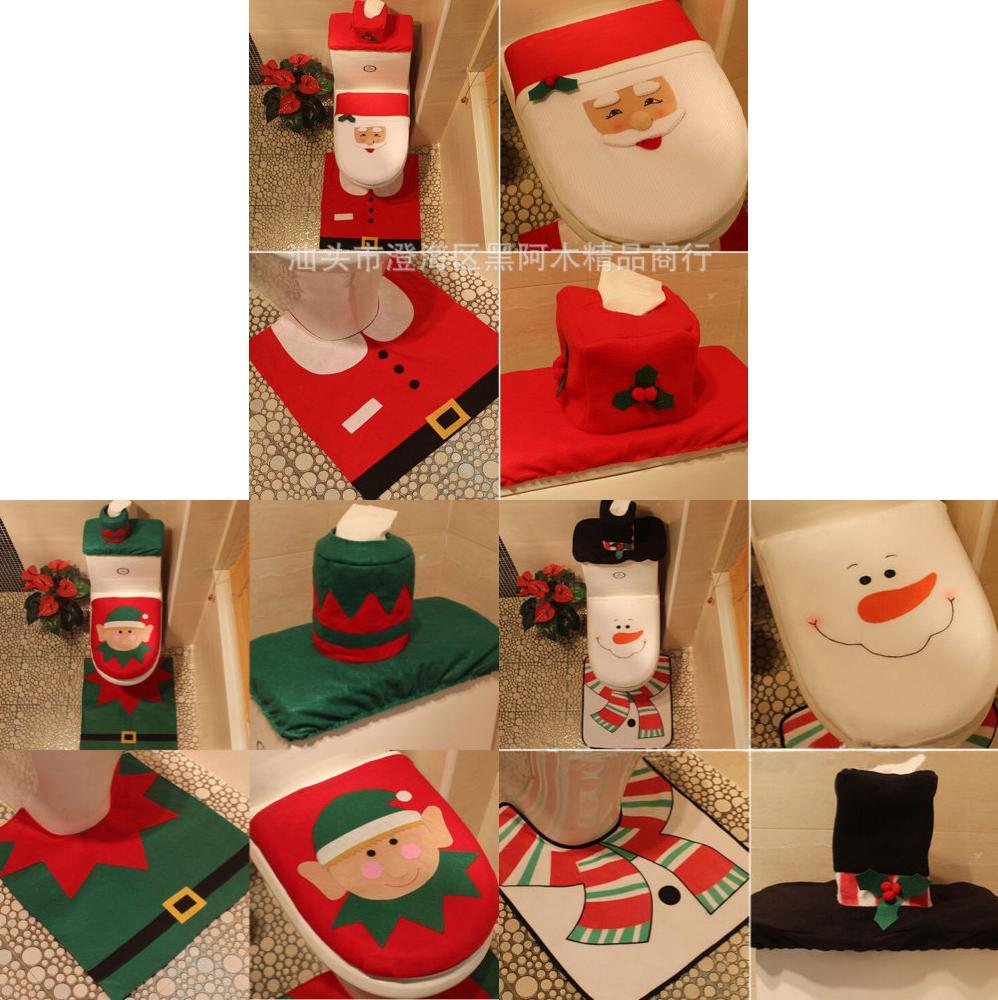 Festliches Weihnachts-WC-Sitzbezug-Set mit Weihnachtsmann-, Schneemann- und Rentiermotiven