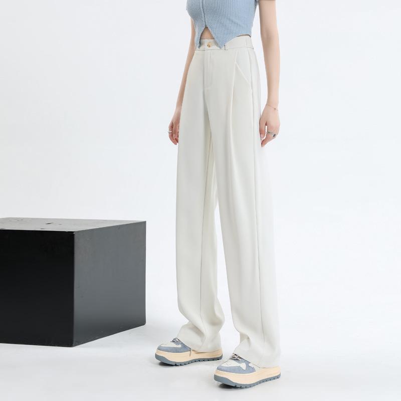 Women's Gray High-Waist Wide-Leg Pants: Spring/Autumn Slimming, Elegant Drape, Floor-Length, Straight-Leg