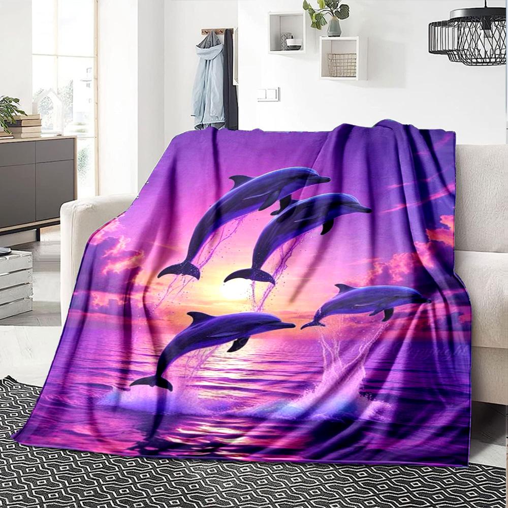 Jumping Dolphins Purple Sunset Ocean Seascape Print Flannel Blanket Marine Wildlife Throw Blanket Soft Cozy Home Sofa Bed Decor