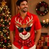 Summer Mens Funny Christmas Reindeer Graphic Print Hawaiian Shirts Red Short Sleeve Button Up Tops Holiday Xmas Party Blouse