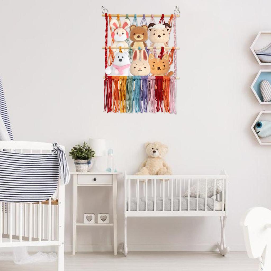 Stuffed Animal Net Boho Macrame 2-Layer Hammock Stuffed Animal Holder Plush Storage For Bedroom Nursery Kids Room Living Room