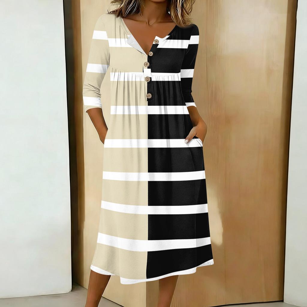 Women's Fashionable Color Printed Round Neck 3/4 Sleeve Button Collar Mid Length Casual Dress