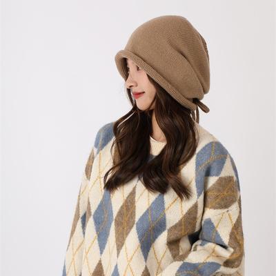 Women's Fashion Autumn and Winter Warm Slouchy Hat Ladies Japanese Style Drawstring Cuffed Knit Woolen Hat