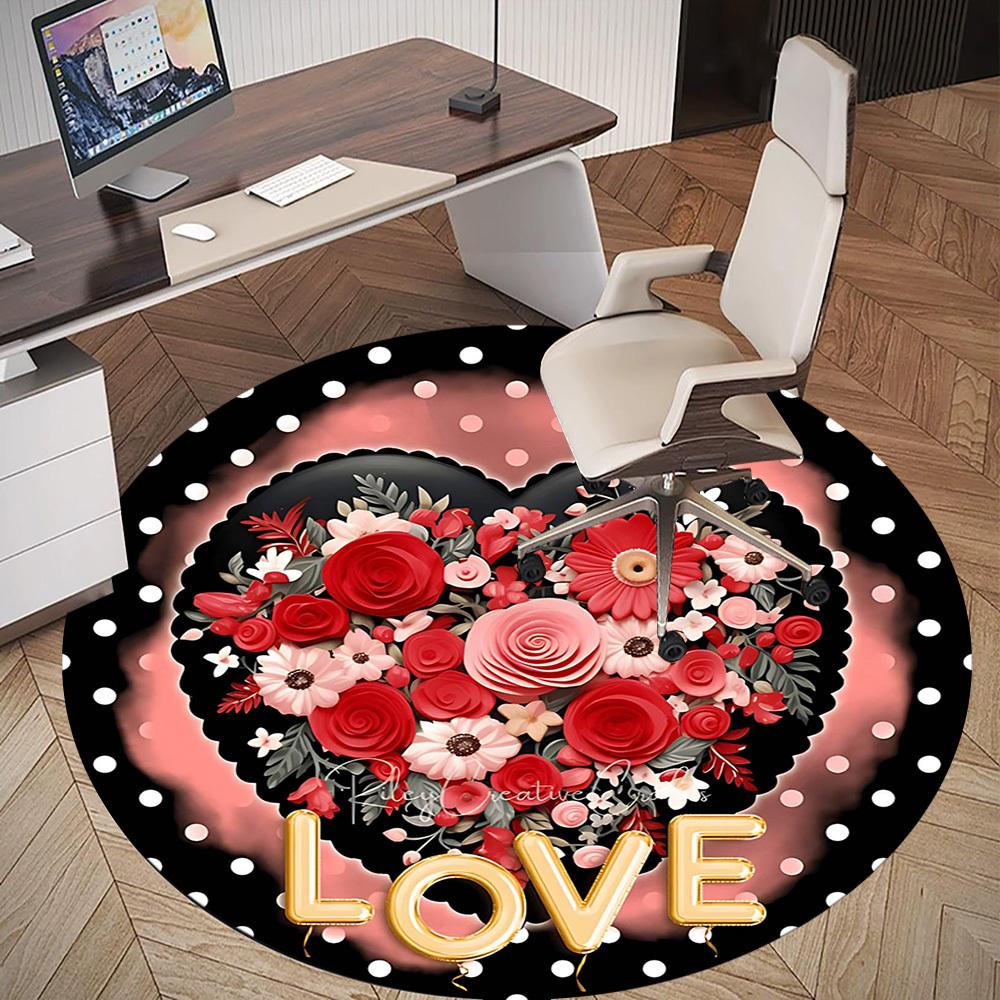 1pc Floral Love Round Chair Mat Area Rug - Non-Slip, Floor Mat for Office, Bedroom, and Indoor Decor -1002239
