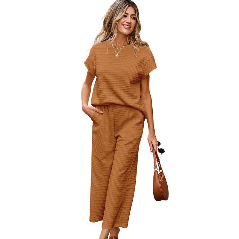 

American Shiying Pure Color Texture Easiest for Match Fashion Suit Women 2025 Casual Short Sleeve T-shirt Pants Two-piece Set Yellow Size S fit (45.00 kg-55.00 kg