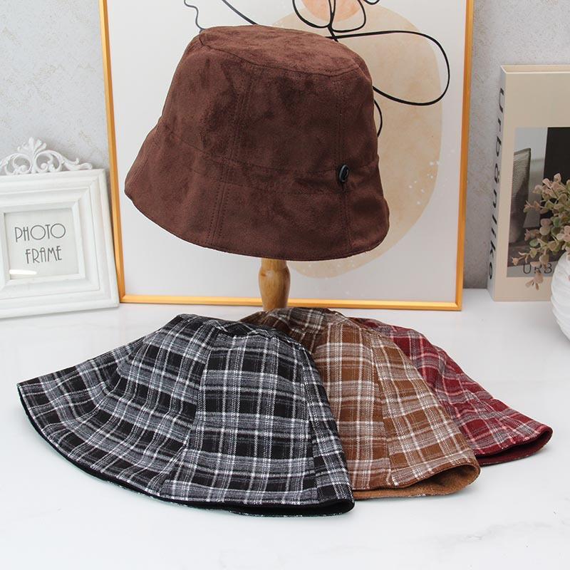 Plaid Double-sided Suede Bucket Hat Women's Autumn and Winter New Basin Hat Versatile Face Small Plain Bucket Hat