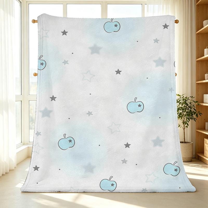 Lightweight Flannel Blanket Versatile Star & Apple Pattern, Soft Warm Cozy Blanket for Home, Sleep, Car Use, Perfect for Christmas & Halloween