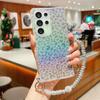 For Samsung Galaxy S23 Ultra Case Gradient TPU Phone Back Cover with Glitter Card Rhinestones Decor Strap