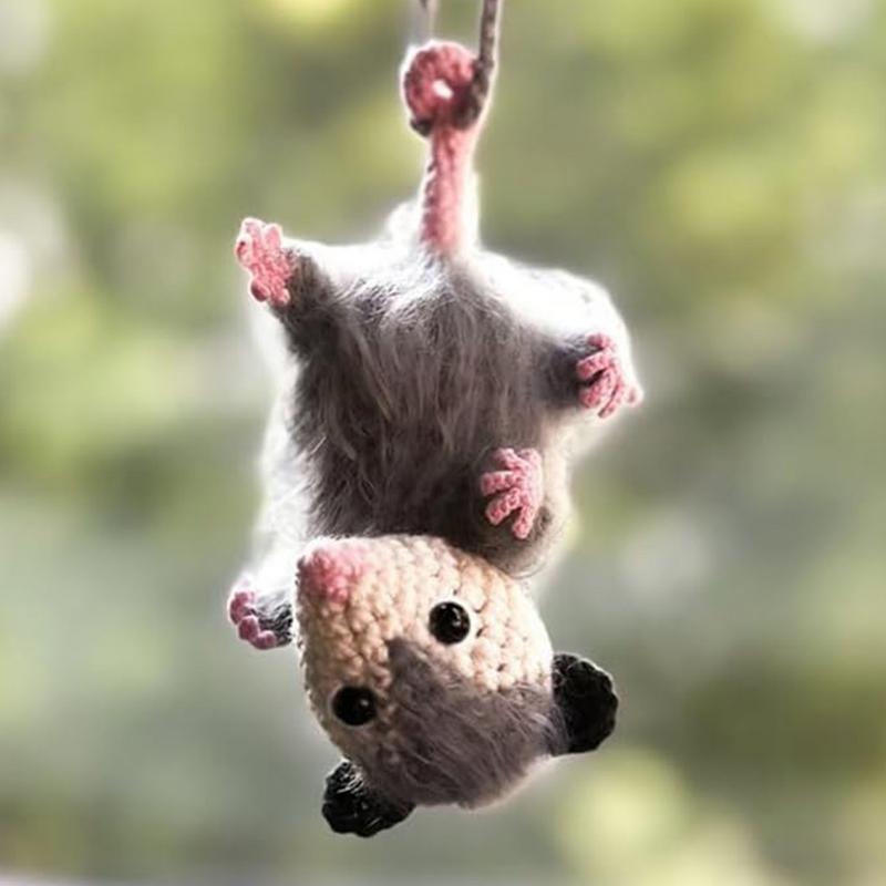 Cute Rearview Mirror Car Decor Knitted Possum Auto Charm Ornaments Handmade Key Chain Pendant Car Decoration Accessories