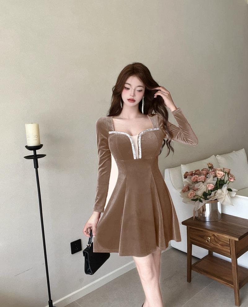 Sexy velvet pendulum dress new long-sleeved deep v-neck a-word skirt soft overalls dress