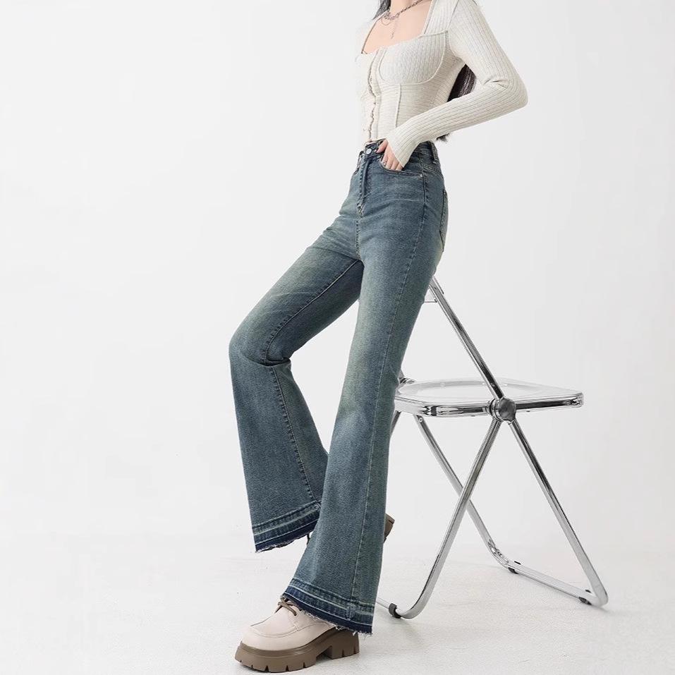Women's Retro Blue High-Waist Micro-Flare Jeans - Slimming, Stretch, Plus Size, Pear-Shaped Fit, Long Pants for Spring