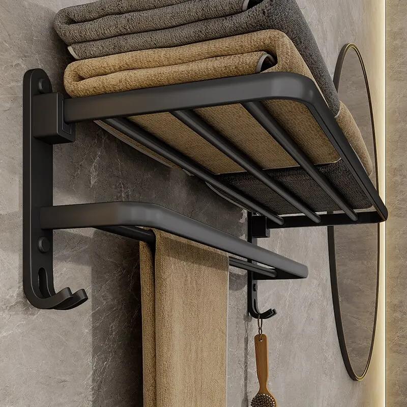 Matte Black 40CM Folding Holder With Hook Towel Holder Wall Mount AluminumTowel Rack