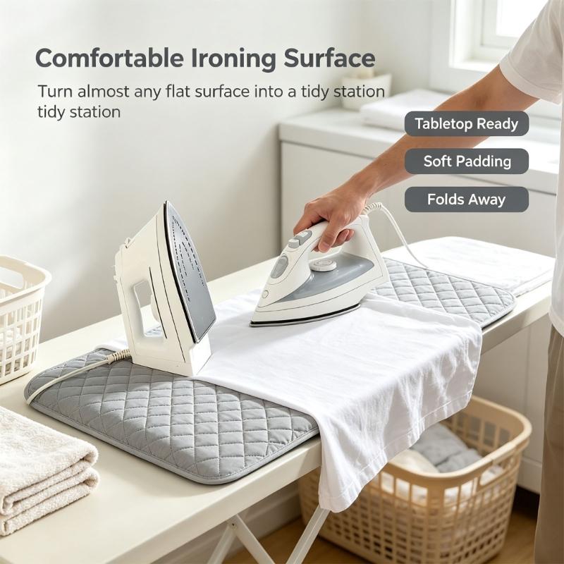 Either-Side Ironing Pad with Folding Design, Space-Saving Garment Care Work Area for Home, Office, Dorm, or Travel Use