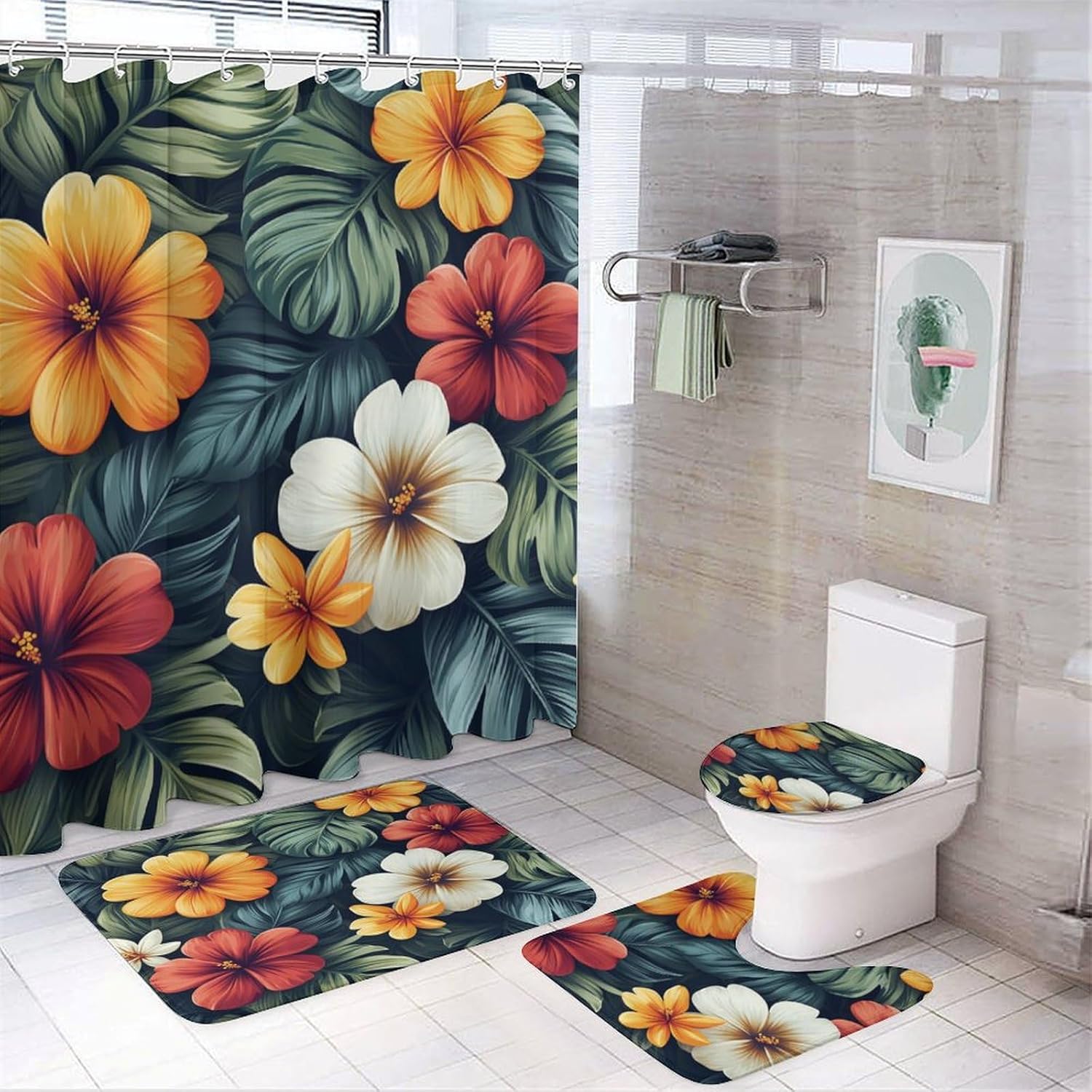 

Bathroom Rugs And Shower Curtain Sets, Tropical Leaf And Flower Pattern Printed On Bathroom Shower Curtain Sets With Rugs W90*H180(CM)-1 Pcs