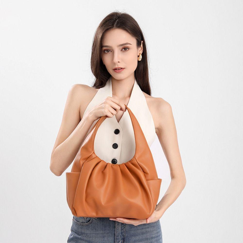 Korean Style Pleated Handbag Underarm Bag PU Leather Underarm Bag Croissant Cloud Bag  Shopping