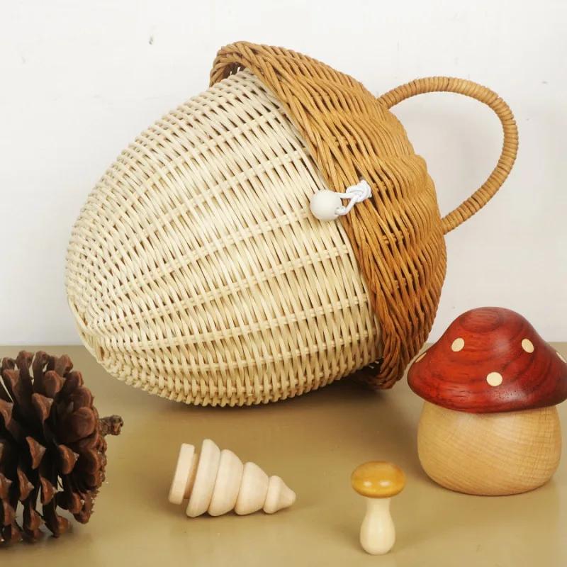 Rattan Woven Mushroom Basket Hand Woven Wicker Boxes Vacation Picnic Baskets Bohemian Portable Storage Boxes Sundries Organizer