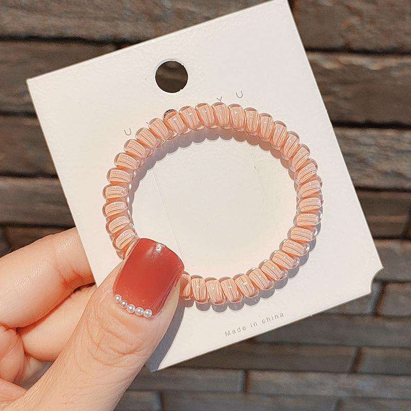 Korean Style Coffee Color Telephone Cord Hair Tie - Transparent Elastic Band for Women's Ponytail