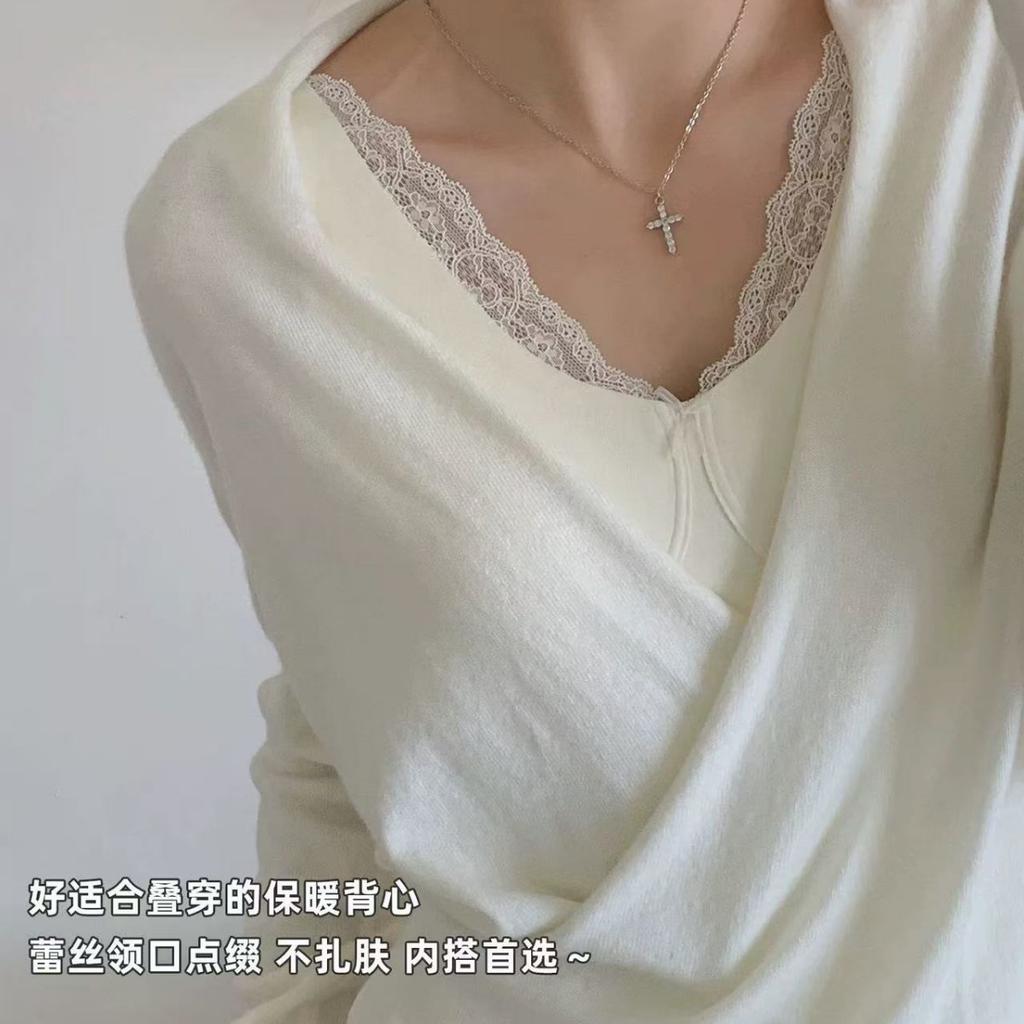 Spring and Summer New Thermal Vest, Velvet with Its Own Chest Pad, Lace Edge Inside, Low-necked Bottoming Shirt Can Be Worn Outside