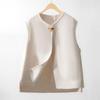 Women's 2025 Asymmetrical Gray Wool Vest - Round Neck, Button-Up, Sleeveless for Spring & Autumn Fashion