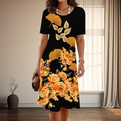 Women's Fashion Graceful Flower Print Summer Spring Short Sleeve O-Neck Casual Dresses