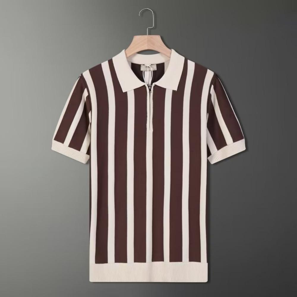 

Мужская легкая роскошная трикотажная рубашка-поло в стиле пэчворк для отдыха с отложным воротником, молниями, коротким рукавом, дышащая трикотажная одежда M кофейный