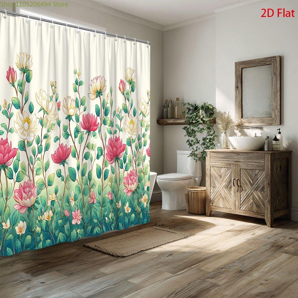 1pc Floral Botanical Garden Shower Curtain with 12 Hooks - Blooming Flowers Bath Tub Drapery, Machine Washable Suitable for Ba