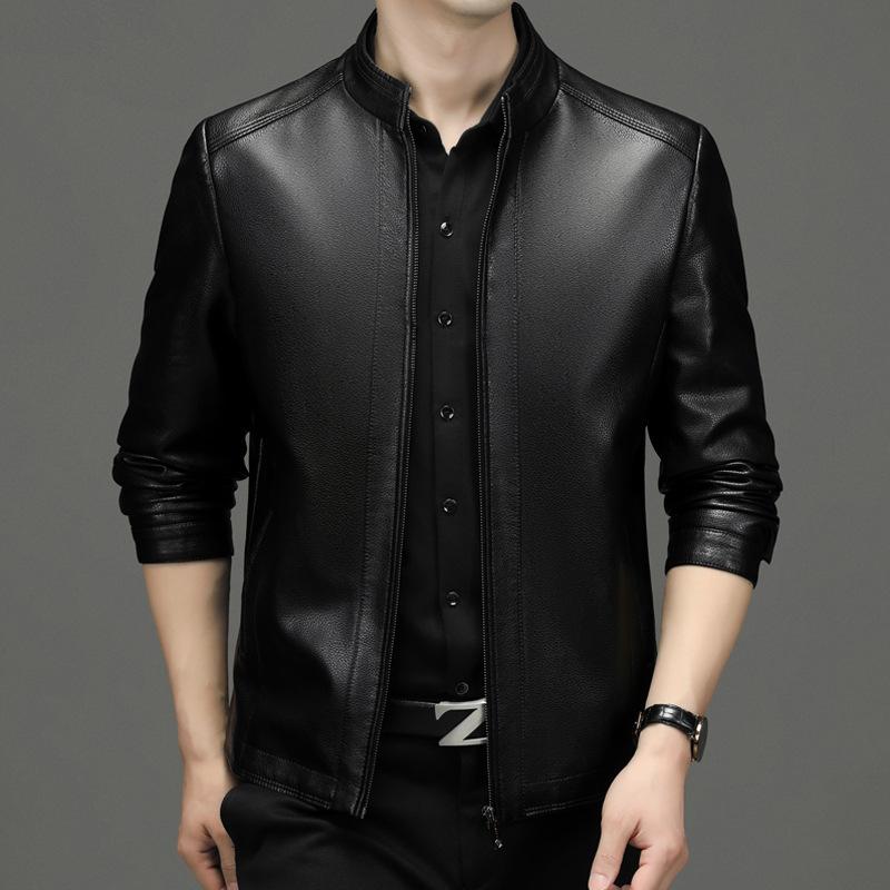Leather jacket men's spring and autumn middle-aged and elderly men's genuine leather jacket short stand-up collar sheepskin dad leather jacket