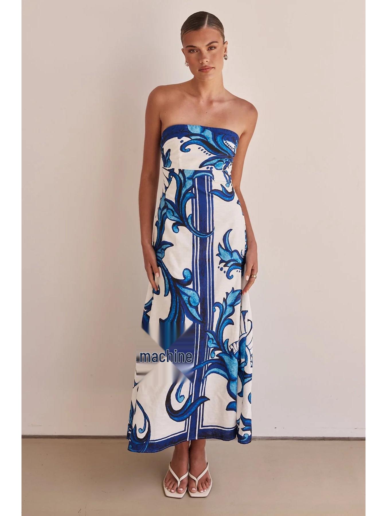 

В наличии 25 Приталенное платье-халтер без бретелей с летним принтом в европейском и американском стиле - Модель 68557 Medium синий