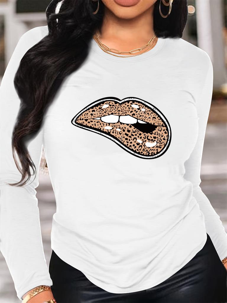 100% Polyester Women's Spring and Autumn Fashion Comfortable Long Sleeve Love Footprint Pattern Printed Round Neck T-shirt