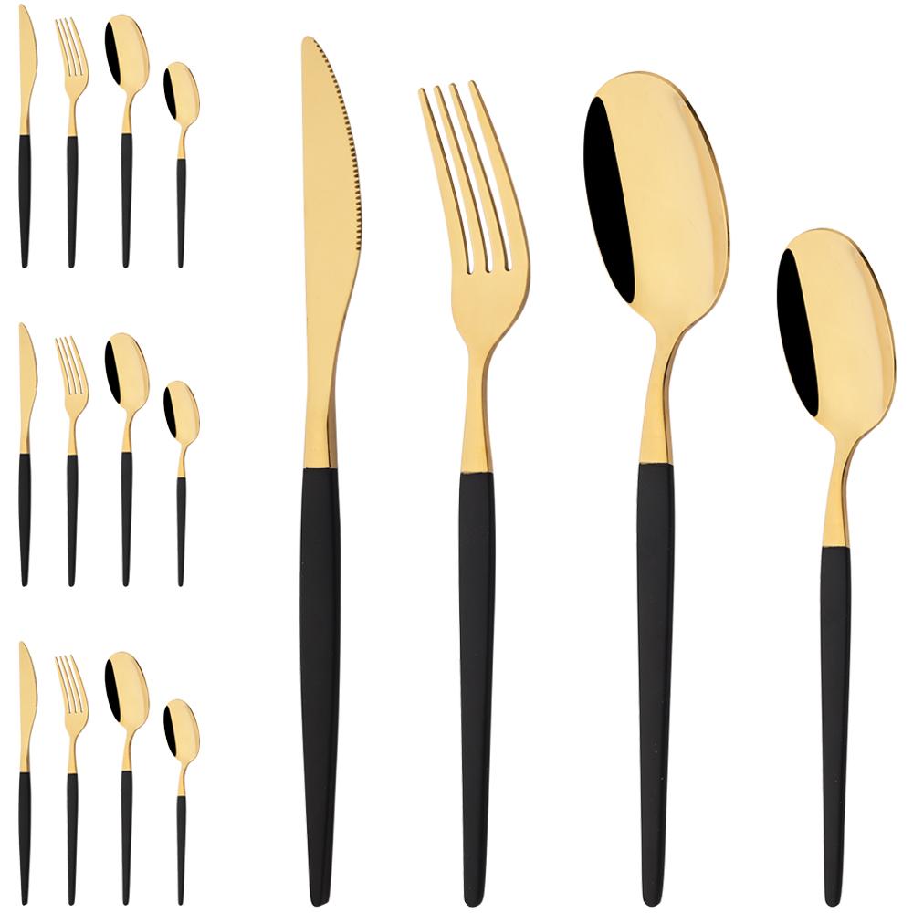16Pcs Western Golden Cutlery Set Knife Fork Spoon Dinnerware Set Flatware Stainless Steel Silverware Party Kitchen Tableware
