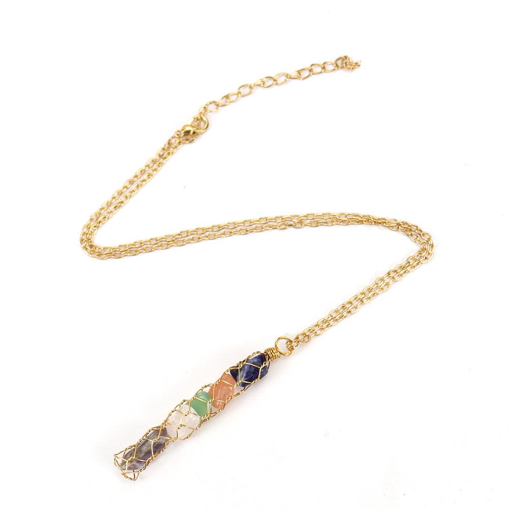 Hand-Wound Natural Gravel Crystal Amethyst Agate Mesh Pocket Pendant Necklace N721