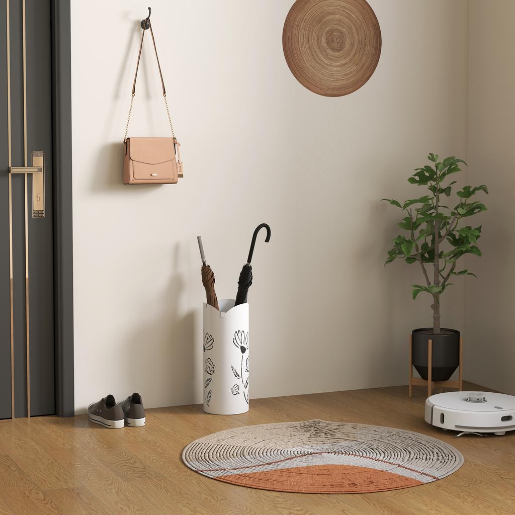 Steel Umbrella Stand With 4 Hooks And Removable Drip Tray Decorative Design 17x17x41 Cm White