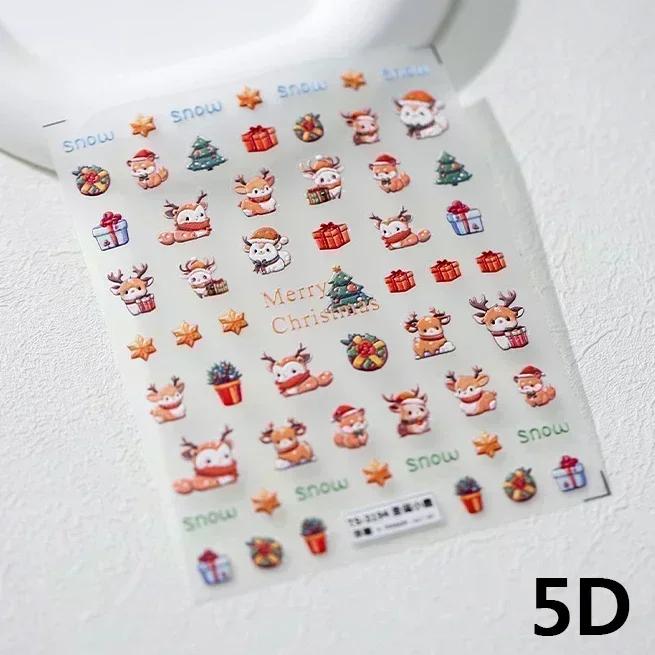 Gold Stamped White Christmas Tree Snowflake 3D Self Adhesive Nail Art Stickers Santa Claus Elk Xmas Cartoon Cute Manicure Decals