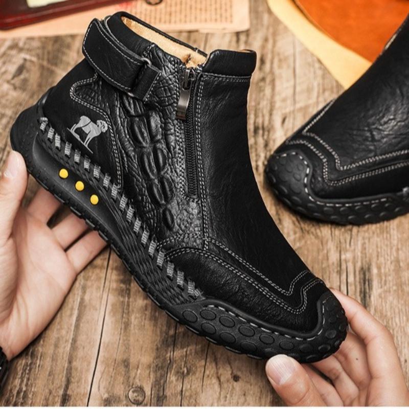 New Handmade Leather Men's Shoes with Zipper Design Outdoor Sneakers Casual Flat Shoes Men Work Shoe Ankle Boots Shoes for Men