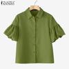 ZANZEA Women Summer Turn Down Collar Puff Short Sleeve Blouse