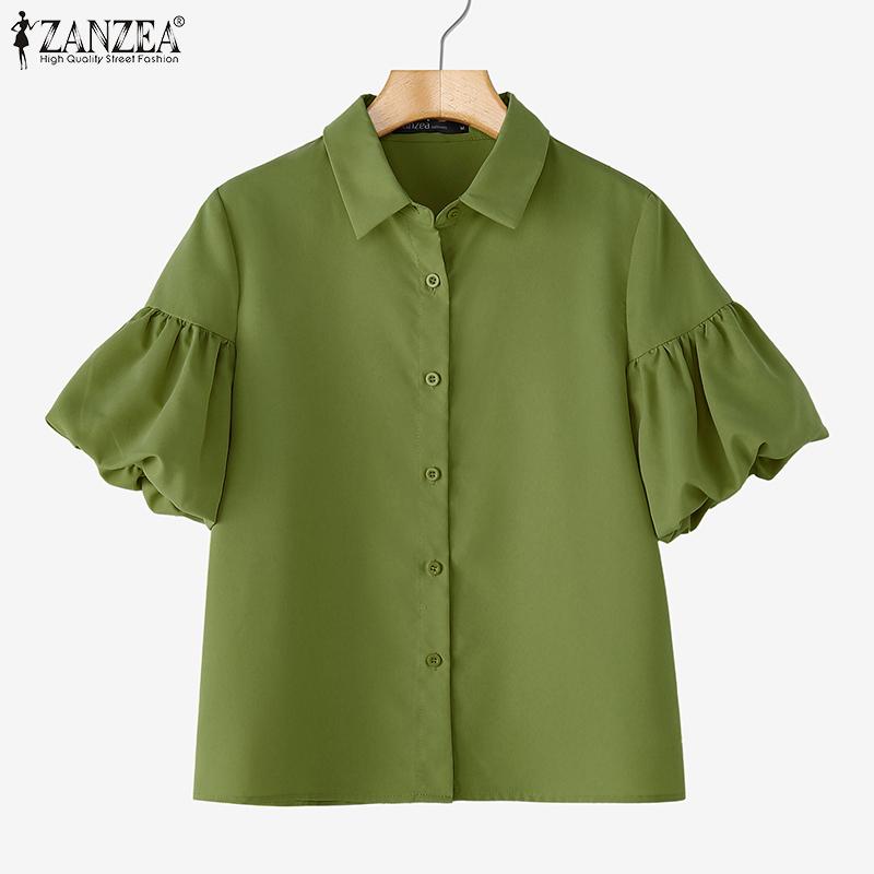ZANZEA Women Summer Turn Down Collar Puff Short Sleeve Blouse