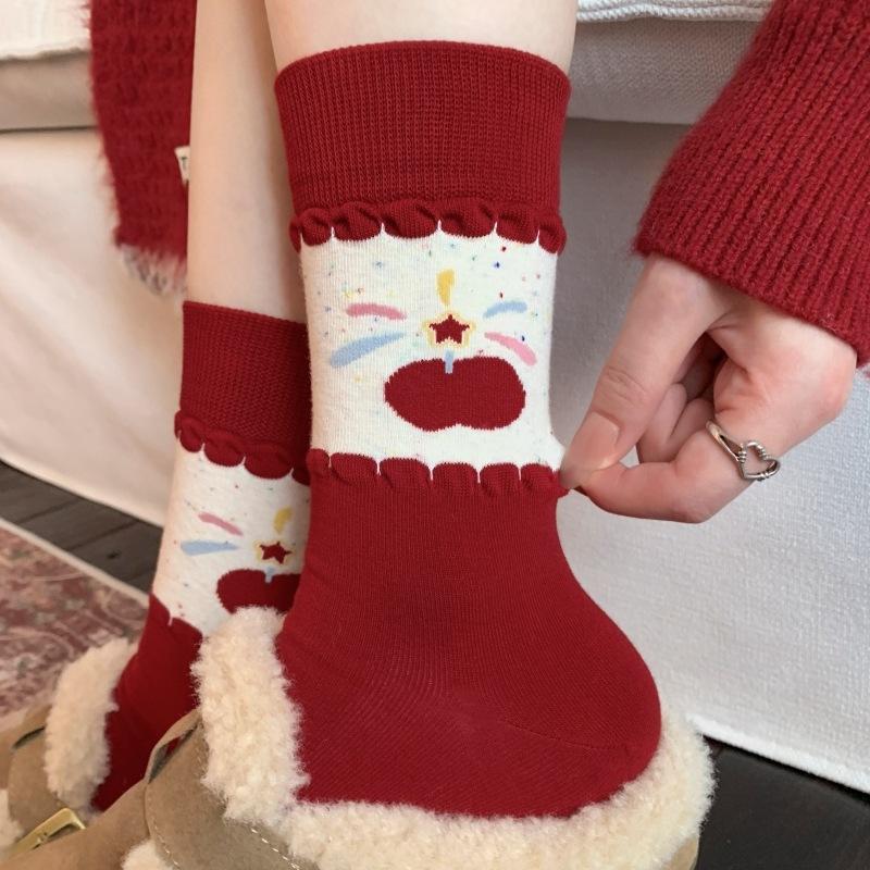 Super Cute Big Red Socks Women'S Season Pure Cotton Mid-Leg Socks Cartoon Polka Dot Puppy Korean Pile Socks