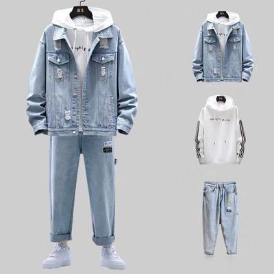 Conjunto de pantalones de verano para hombre, camiseta de manga larga a la moda, Sudadera con capucha, chaqueta vaquera, pantalones vaqueros, conjunto de tres piezas, ropa para hombre, chándales