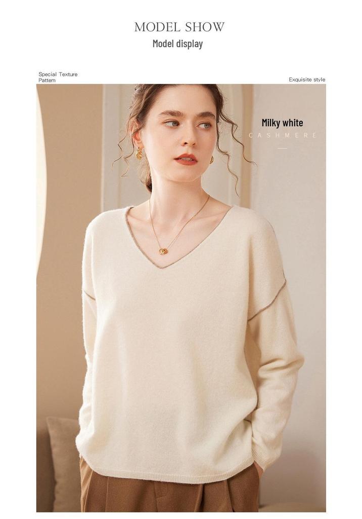 Women's V-Neck Cashmere Knit Pullover - Loose Fit, Long Sleeve, Autumn/Winter Fashion