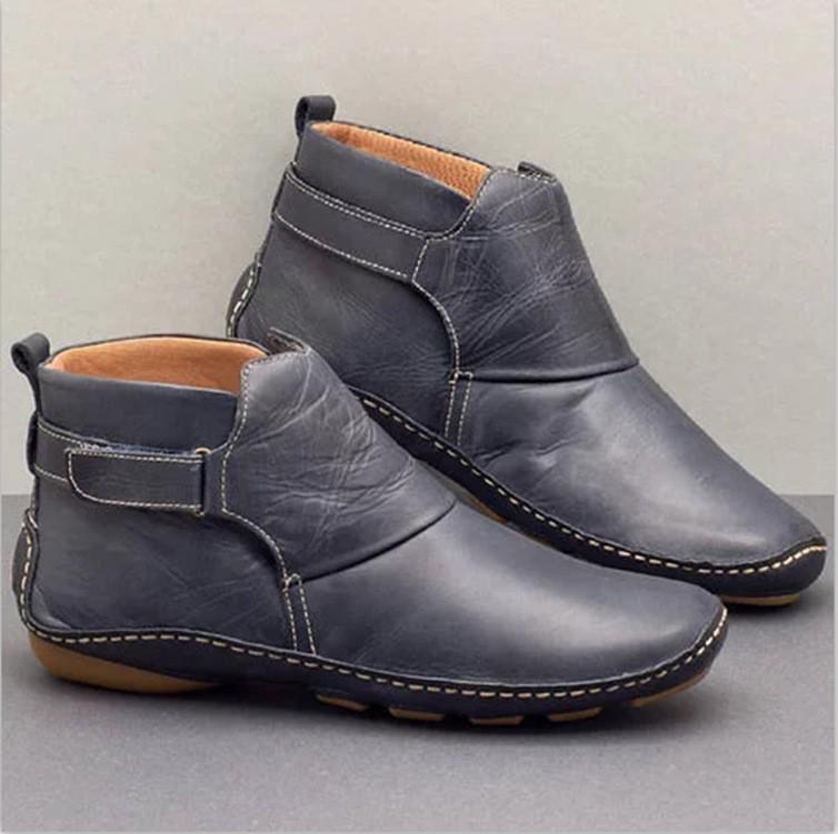 Women's Pointed Toe Leather Pull-on Casual Boots, Low Heel, Warm and Stylish.